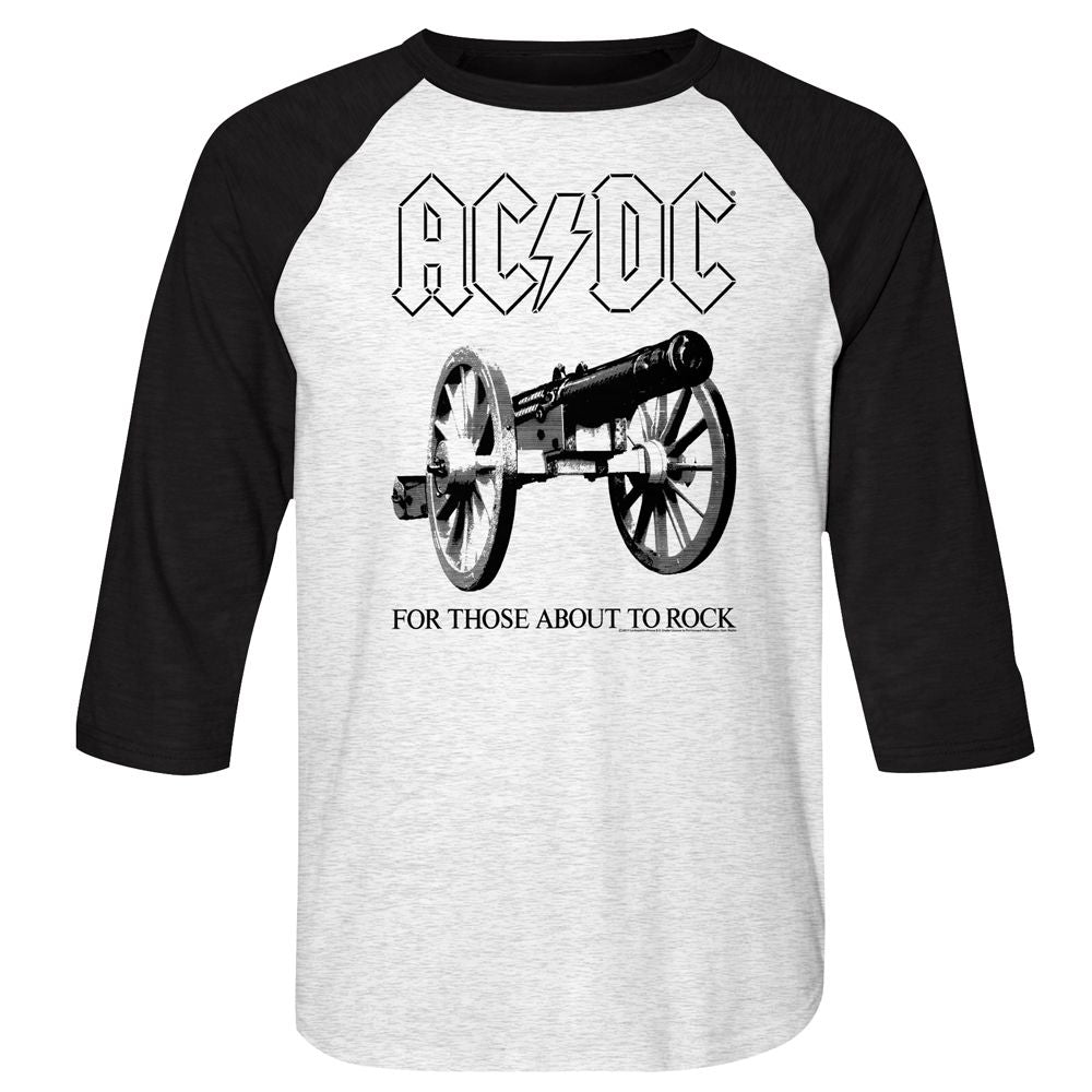 Black-and-white AC/DC raglan T-shirt featuring the iconic cannon graphic from the For Those About to Rock (We Salute You) album.