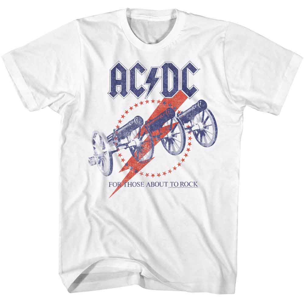 White AC/DC T-shirt featuring three vintage cannons, a red lightning bolt, and a circular ring of stars inspired by “For Those About to Rock.”