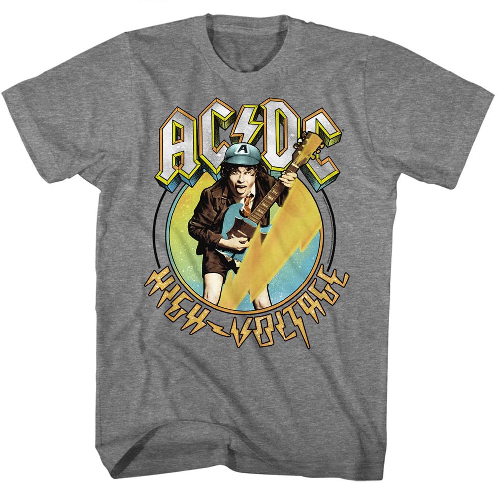 Heather grey AC/DC T-shirt featuring a vintage-style illustration of Angus Young playing guitar with a lightning bolt and “High Voltage” text.