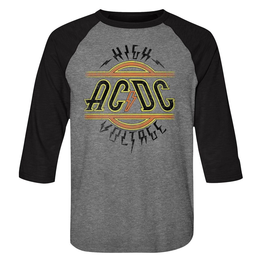 Gray and black raglan T-shirt featuring the AC/DC High Voltage logo in a distressed retro design.