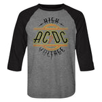 Gray and black raglan T-shirt featuring the AC/DC High Voltage logo in a distressed retro design.