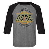Gray and black raglan T-shirt featuring the AC/DC High Voltage logo in a distressed retro design.