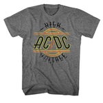 Heather gray T-shirt featuring a vintage-style AC/DC High Voltage circular logo in yellow, orange, and black.