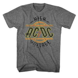 Heather gray T-shirt featuring a vintage-style AC/DC High Voltage circular logo in yellow, orange, and black.