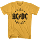 Yellow AC/DC T-shirt featuring a distressed “High Voltage” logo in bold black lettering.