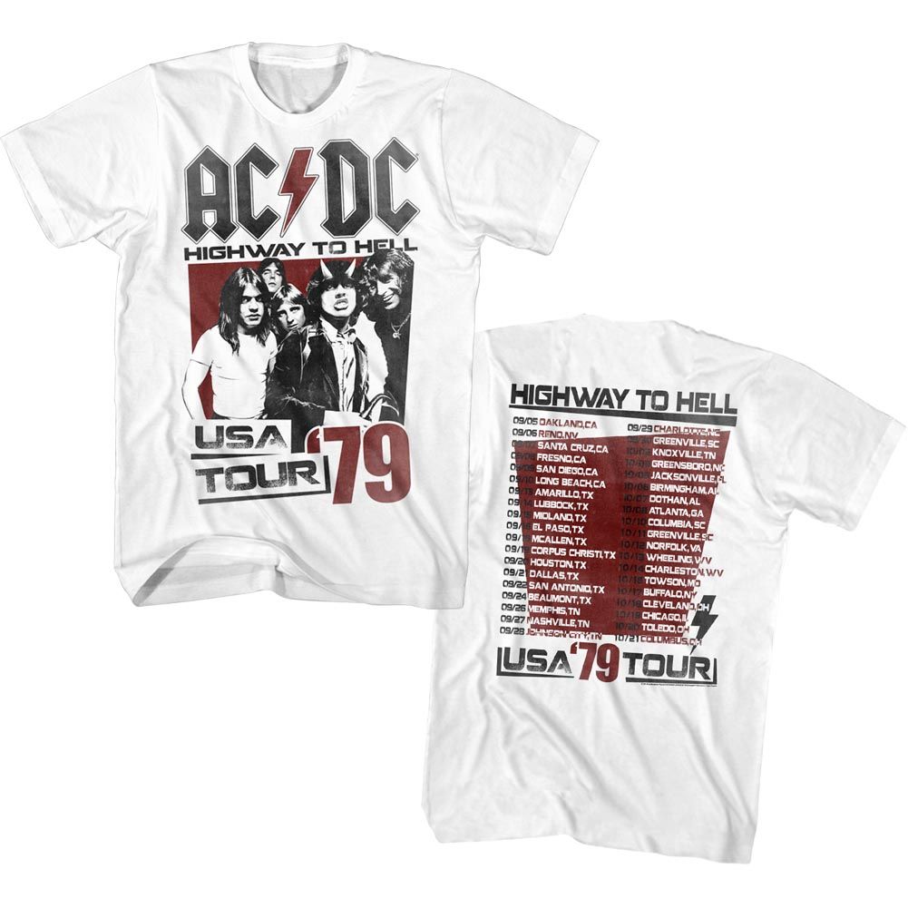White AC/DC T-shirt featuring a Highway to Hell 1979 USA Tour design with band photo on the front and full tour dates on the back