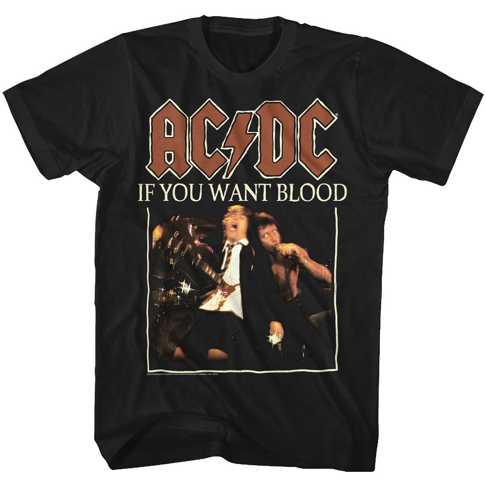 Black T-shirt featuring AC/DC’s “If You Want Blood” album art with bold band logo and performance imagery.