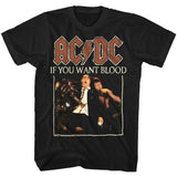 Black T-shirt featuring AC/DC’s “If You Want Blood” album art with bold band logo and performance imagery.