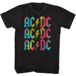 Black T-shirt featuring a stacked, multicolor AC/DC logo design with distressed red, yellow, and blue lettering.