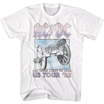 White AC/DC T-shirt featuring a pastel purple logo and a vintage-style cannon graphic with “US Tour ’82” text.