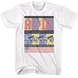 White ACDC T-shirt featuring “We Salute You” artwork with four cannons, retro color blocks, and a US flag design inspired by the 1982 For Those About to Rock tour.