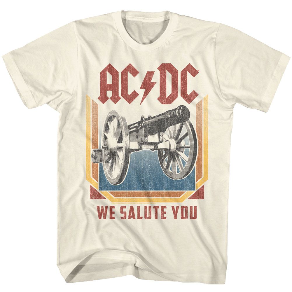 Vintage-style cream AC/DC T-shirt featuring a distressed cannon graphic and the text “We Salute You.”