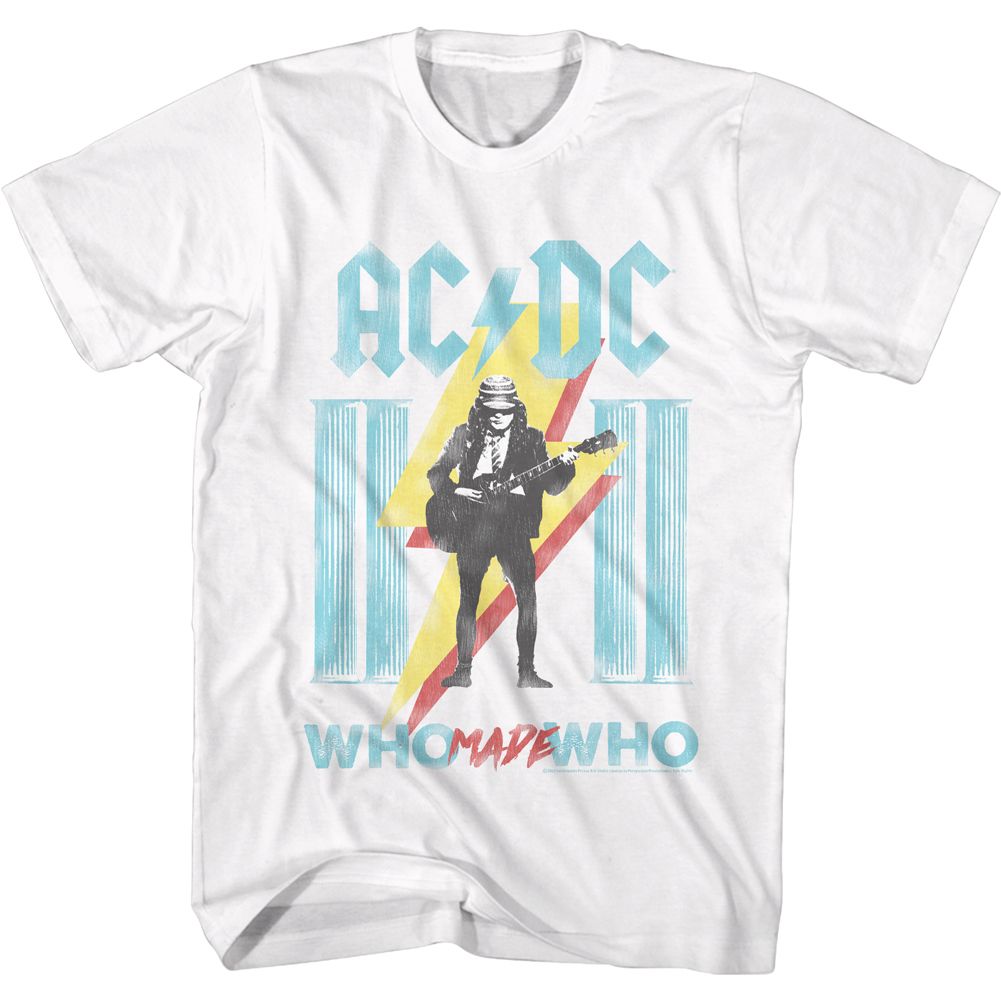 White T-shirt featuring AC/DC's “Who Made Who” design with Angus Young playing guitar in front of bold lightning graphics.