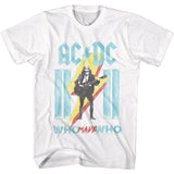 White T-shirt featuring AC/DC's “Who Made Who” design with Angus Young playing guitar in front of bold lightning graphics.