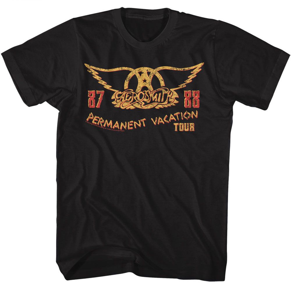 Black Aerosmith T-shirt featuring 87 88 Permanent Vacation Tour graphic with distressed wings logo