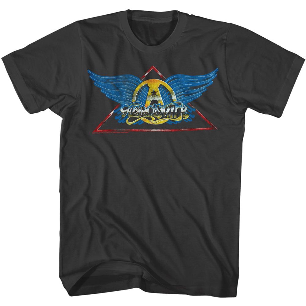 Black Aerosmith T-shirt featuring classic wings logo with triangle backdrop
