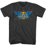 Black Aerosmith T-shirt featuring classic wings logo with triangle backdrop
