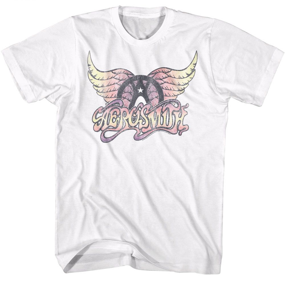 White Aerosmith T-shirt featuring pastel wings logo graphic with vintage distressed print
