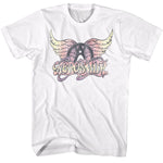White Aerosmith T-shirt featuring pastel wings logo graphic with vintage distressed print