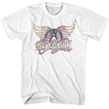 White Aerosmith T-shirt featuring pastel wings logo graphic with vintage distressed print