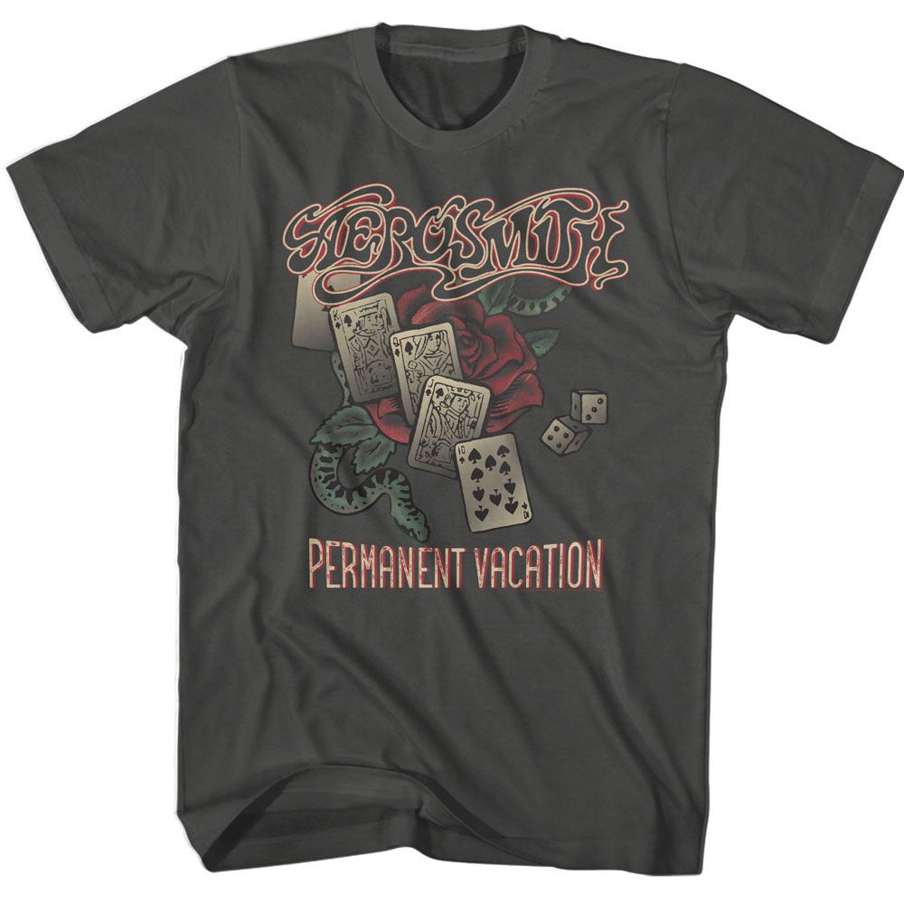 Black Aerosmith T-shirt featuring Permanent Vacation design with rose, playing cards, dice, and snake graphic