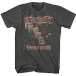 Black Aerosmith T-shirt featuring Permanent Vacation design with rose, playing cards, dice, and snake graphic