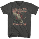 Black Aerosmith T-shirt featuring Permanent Vacation design with rose, playing cards, dice, and snake graphic