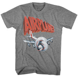 Heather gray T-shirt featuring the Airplane! movie title in red with a twisted passenger jet graphic underneath.