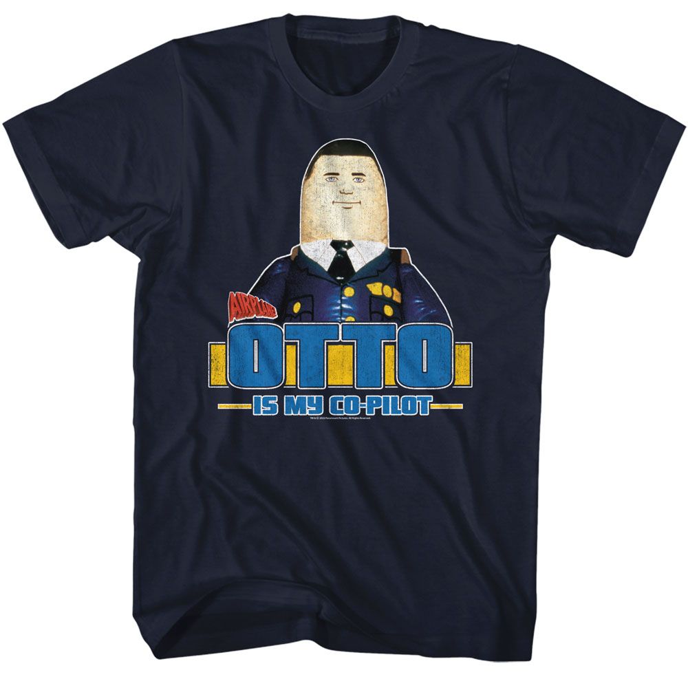 Navy T-shirt featuring Otto the inflatable autopilot in a pilot uniform with the text “Otto Is My Co-Pilot.”