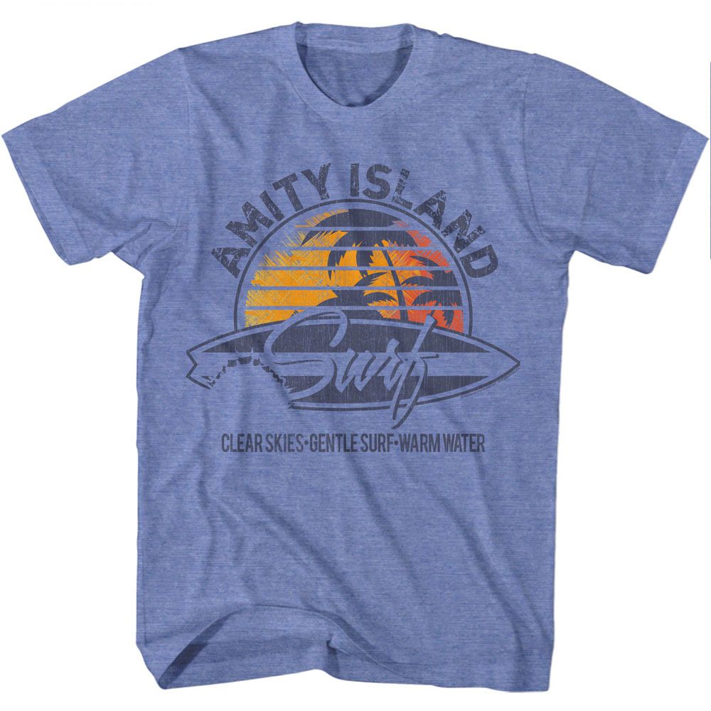 Blue Amity Island Surf T-shirt with sunset palm graphic and surfboard design.