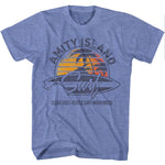 Blue Amity Island Surf T-shirt with sunset palm graphic and surfboard design.