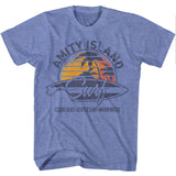 Blue Amity Island Surf T-shirt with sunset palm graphic and surfboard design.