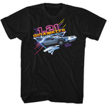 Black Back to the Future T-shirt featuring the DeLorean surrounded by neon graphics with “1.21 Gigawatts” text in bold retro colors.