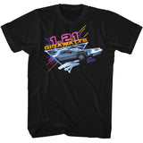 Black Back to the Future T-shirt featuring the DeLorean surrounded by neon graphics with “1.21 Gigawatts” text in bold retro colors.