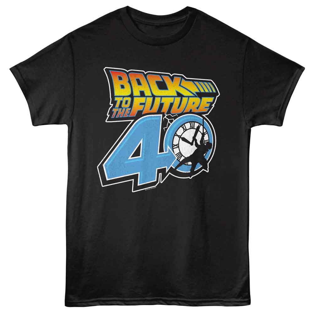 Black Back to the Future T-shirt featuring “40” with Doc Brown hanging from the Hill Valley clock tower.