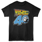Black Back to the Future T-shirt featuring “40” with Doc Brown hanging from the Hill Valley clock tower.