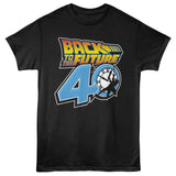 Black Back to the Future T-shirt featuring “40” with Doc Brown hanging from the Hill Valley clock tower.