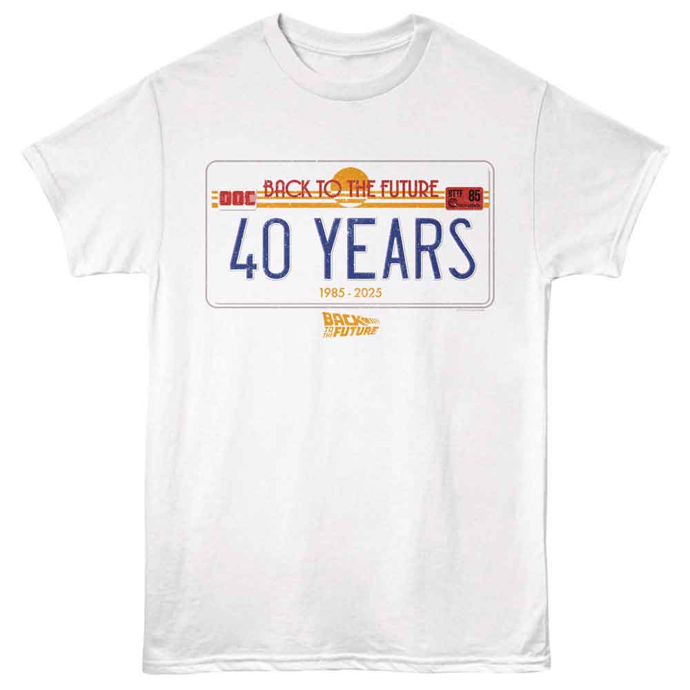 White Back to the Future T-shirt featuring a California license plate design that reads “40 Years 1985–2025.”