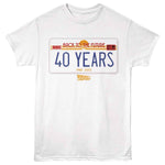 White Back to the Future T-shirt featuring a California license plate design that reads “40 Years 1985–2025.”