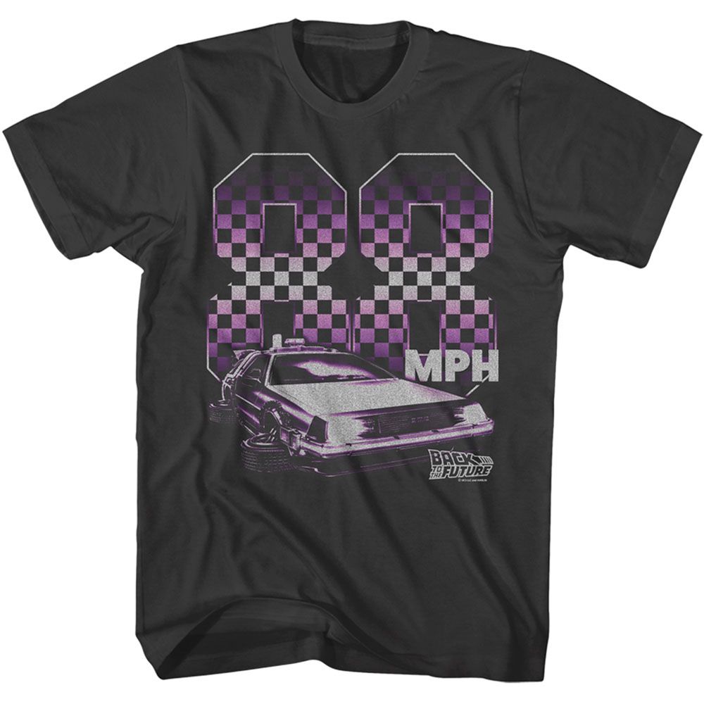 Officially licensed Back to the Future 88 MPH DeLorean checkerboard t-shirt