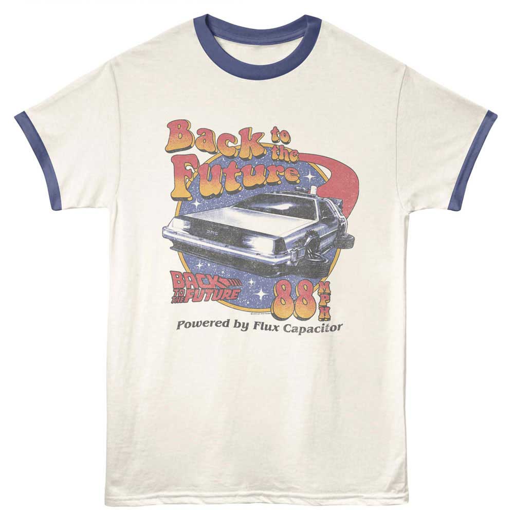 Officially licensed Back to the Future ringer t-shirt featuring the DeLorean time machine with 88 MPH and Powered by Flux Capacitor text