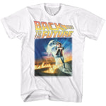 White Back to the Future T-shirt featuring the original 1985 movie poster artwork of Marty McFly with the DeLorean.