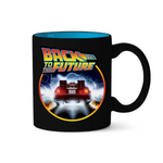 Black mug with 'Back to the Future' design featuring a red car and blue background