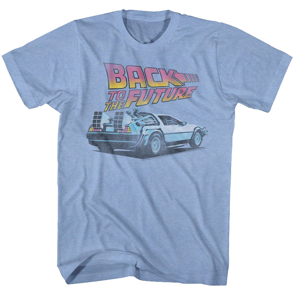 Heather blue T-shirt featuring the Back to the Future logo and a detailed illustration of the DeLorean time machine from the 1980s sci-fi movie.