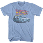 Heather blue T-shirt featuring the Back to the Future logo and a detailed illustration of the DeLorean time machine from the 1980s sci-fi movie.