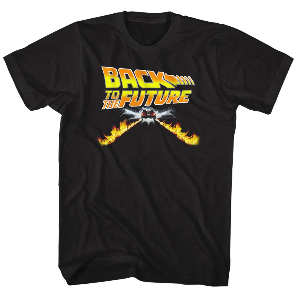 Officially licensed Back to the Future DeLorean fire tracks logo t-shirt