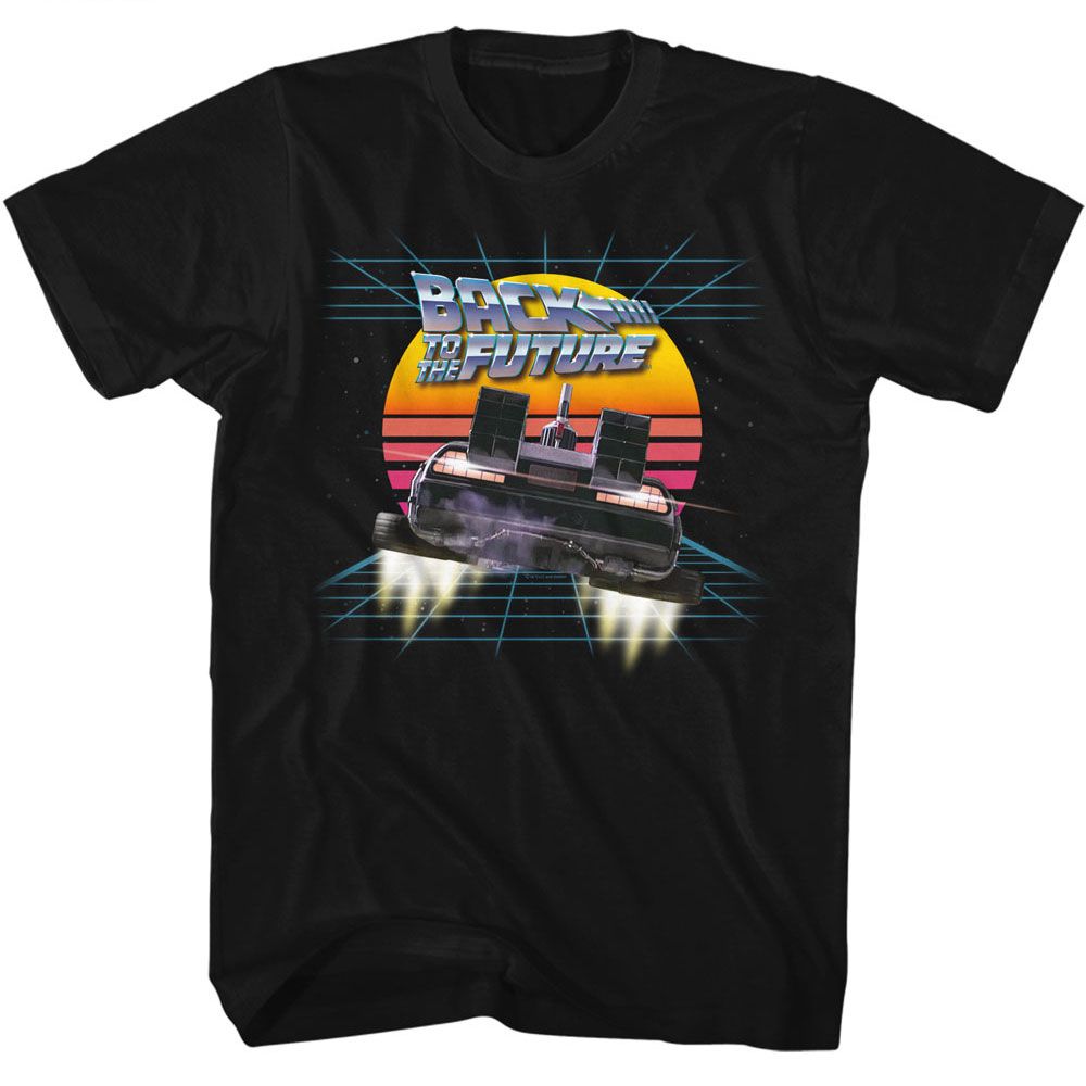 Black Back to the Future T-shirt featuring the DeLorean time machine blasting into the future against a neon sunset backdrop.