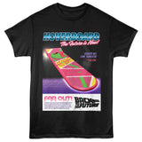 Back to the Future hoverboard T-shirt with retro 80s ad style graphic and neon colors