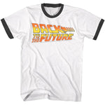 White ringer T-shirt with black trim featuring the classic orange and yellow Back to the Future logo from the 1980s movie series.