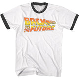 White ringer T-shirt with black trim featuring the classic orange and yellow Back to the Future logo from the 1980s movie series.